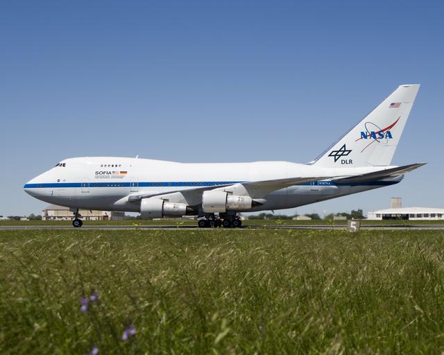 NASA image: NASA's modified Boeing 747SP SOFIA airborne observatory taxis along the runway at Waco, Texas after completing its first checkout flight on April 26, 2007