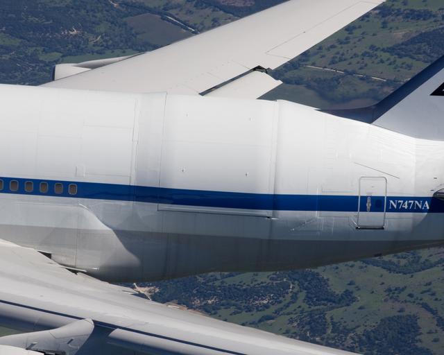 NASA image: NASA's SOFIA 747SP shows evidence of modification to its aft fuselage contours to accommodate a 16-foot-tall cavity door for its 45,000-pound infrared telescope