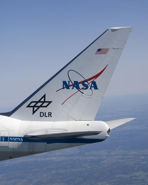 NASA image: Logos of NASA and the German Aerospace Center (DLR) are displayed prominently on the tail of the Stratospheric Observatory for Infrared Astronomy (SOFIA) 747SP