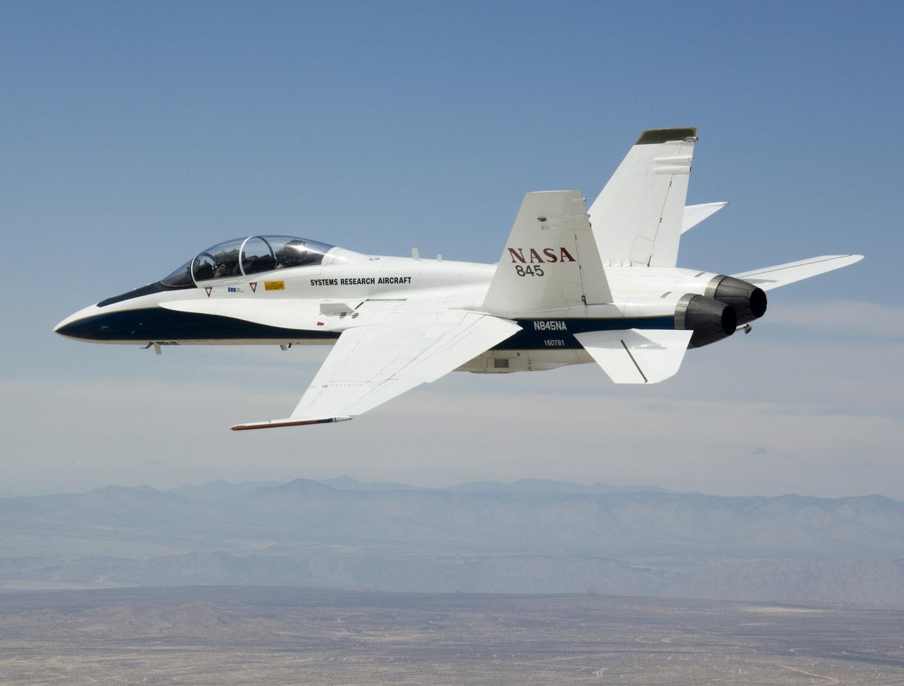 NASA's F/A-18B #845 was captured by the photographer as it returned from its final flight in the Autonomous Airborne Refueling Demonstration research project.