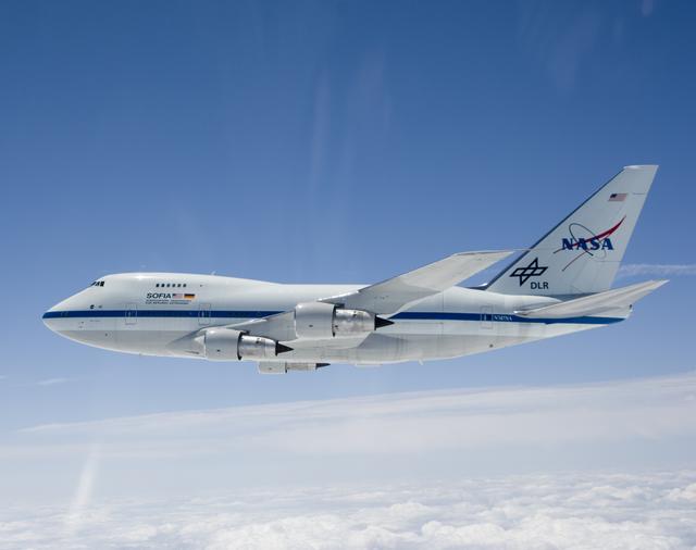 NASA image: NASA's Stratospheric Observatory for Infrared Astronomy is silhouetted against the sky as it soars on its second check flight near Waco, Texas on May 10, 2007