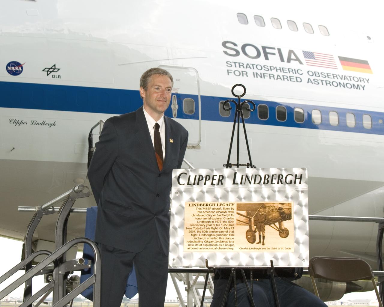 Erik Lindbergh, grandson of aviator Charles Lindbergh, unveiled a plaque commemorating his grandfather on the 80th anniversary of Charles Lindbergh's transatlantic flight. The event was a dedication of the 747 Clipper Lindbergh, a NASA airborne infrared observatory that is beginning test flights in preparation for conducting world-class airborne astronomy. The project is known as the Stratospheric Observatory for Infrared Astronomy, or SOFIA.