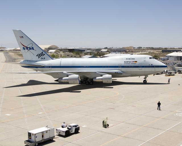 NASA image: NASA's SOFIA 747SP bearing a German-built 2.5-meter infrared telescope in its rear fuselage taxis up to NASA Dryden's ramp after a ferry flight from Waco, TX