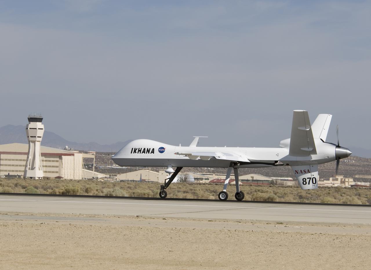 NASA's Ikhana unmanned science demonstration aircraft, a civil variant of General Atomics' Predator B, on the runway at Edwards Air Force Base after its ferry flight to NASA's Dryden Flight Research Center. NASA took possession of the new aircraft in November, 2006, and it arrived at the NASA center at Edwards Air Force Base, Calif., on June 23, 2007.