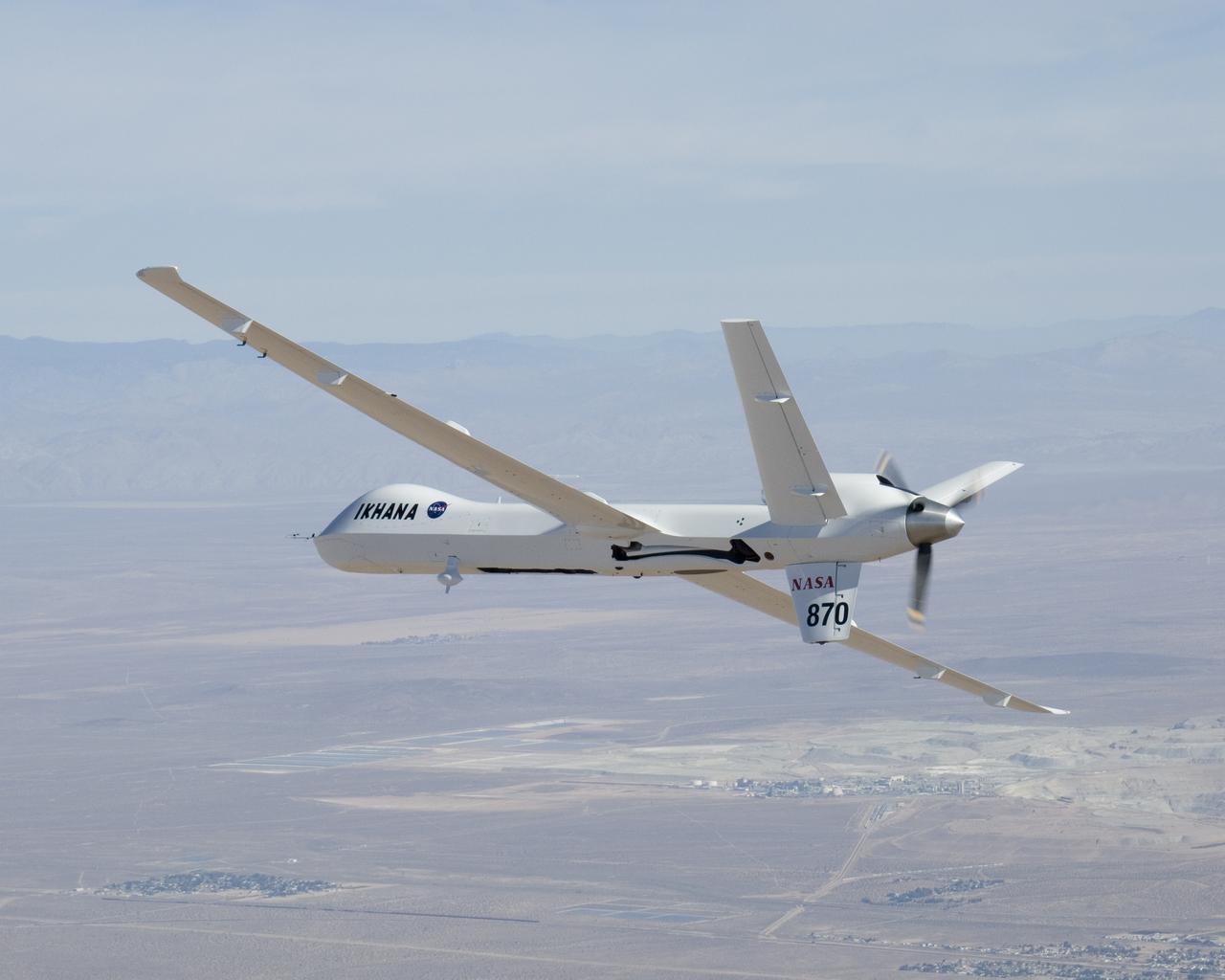 NASA's Ikhana unmanned science demonstration aircraft over the U.S. Borax mine, Boron, California, near the Dryden/Edwards Air Force Base complex. NASA took possession of the new aircraft in November, 2006, and it arrived at the NASA center at Edwards Air Force Base, Calif., on June 23, 2007.