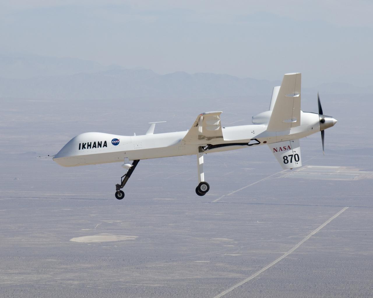 NASA's Ikhana unmanned science demonstration aircraft prepares for landing as it arrives at Edwards Air Force Base, Calif. NASA took possession of the new aircraft in November, 2006, and it arrived at its new home at NASA's Dryden Flight Reseach Center at Edwards AFB, on June 23, 2007.