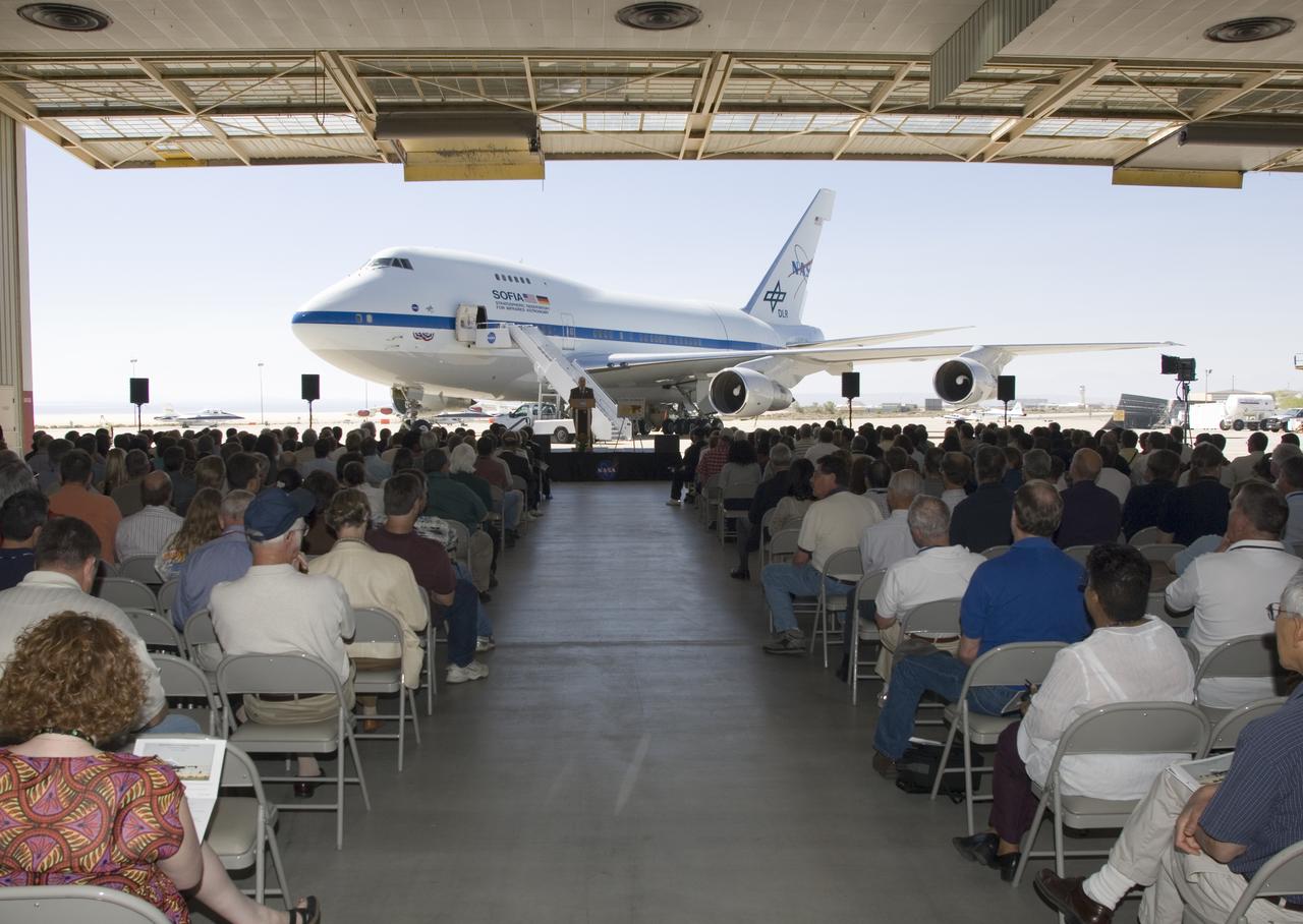More than 250 VIPs, news media and guests joined NASA, DLR, USRA and other SOFIA staff for the debut of the airborne observatory at NASA DFRC on June 27, 2007.
