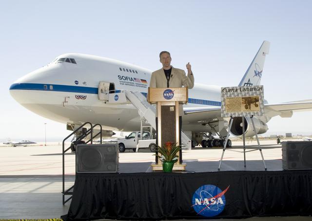 Erik Lindbergh, grandson of famed aviator Charles Lindbergh, rededicated the SOFIA Boeing 747SP as the Clipper Lindbergh at NASA Dryden on June 27, 2007