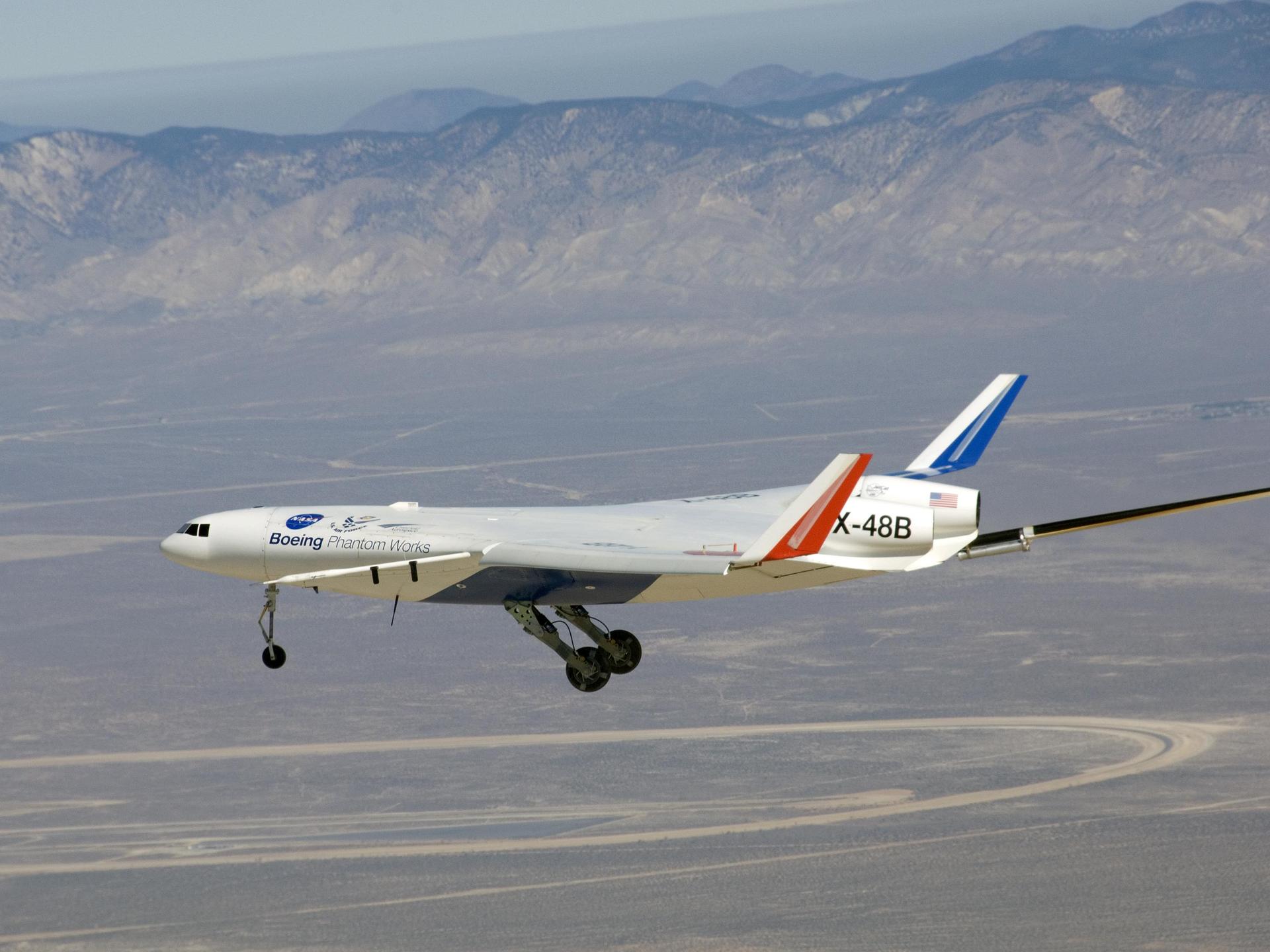 X-48B blended wing body aircraft during first flight on July 20, 2007.