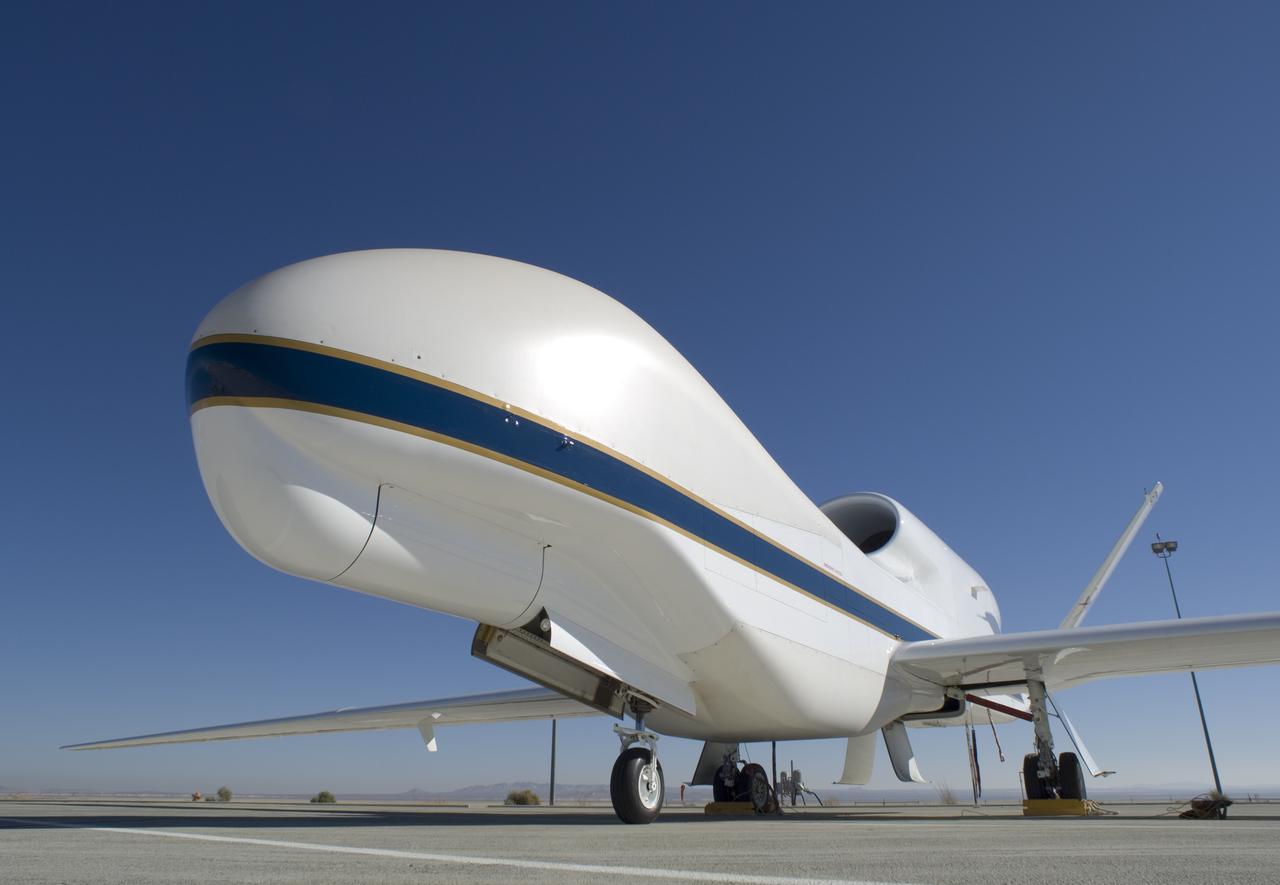 One of NASA's Global Hawk unmanned science aircraft displays its bulbous nose while parked on the ramp at NASA's Dryden Flight Research Center, Edwards, Calif.