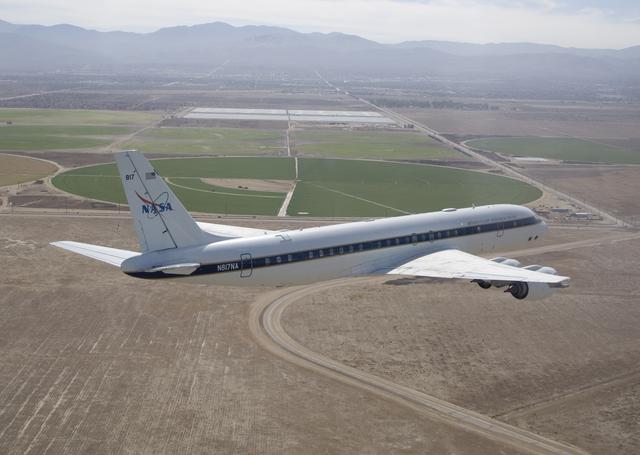 NASA image: Agricultural fields spread out beyond NASA's DC-8 airborne science laboratory as it heads for landing at Air Force Plant 42 in Palmdale, Calif.