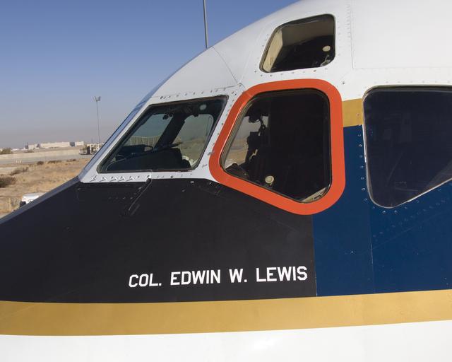 NASA image: NASA's modified DC-8 now carries the name of the late Edwin W. Lewis below its cockpit window, a tribute to his 18 years piloting the unique science laboratory