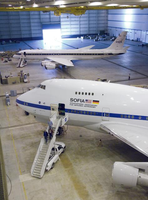 NASA'S SOFIA infrared observatory 747SP (front) and DC-8 flying laboratory (rear) are now housed at the Dryden Aircraft Operations Facility in Palmdale, Calif.