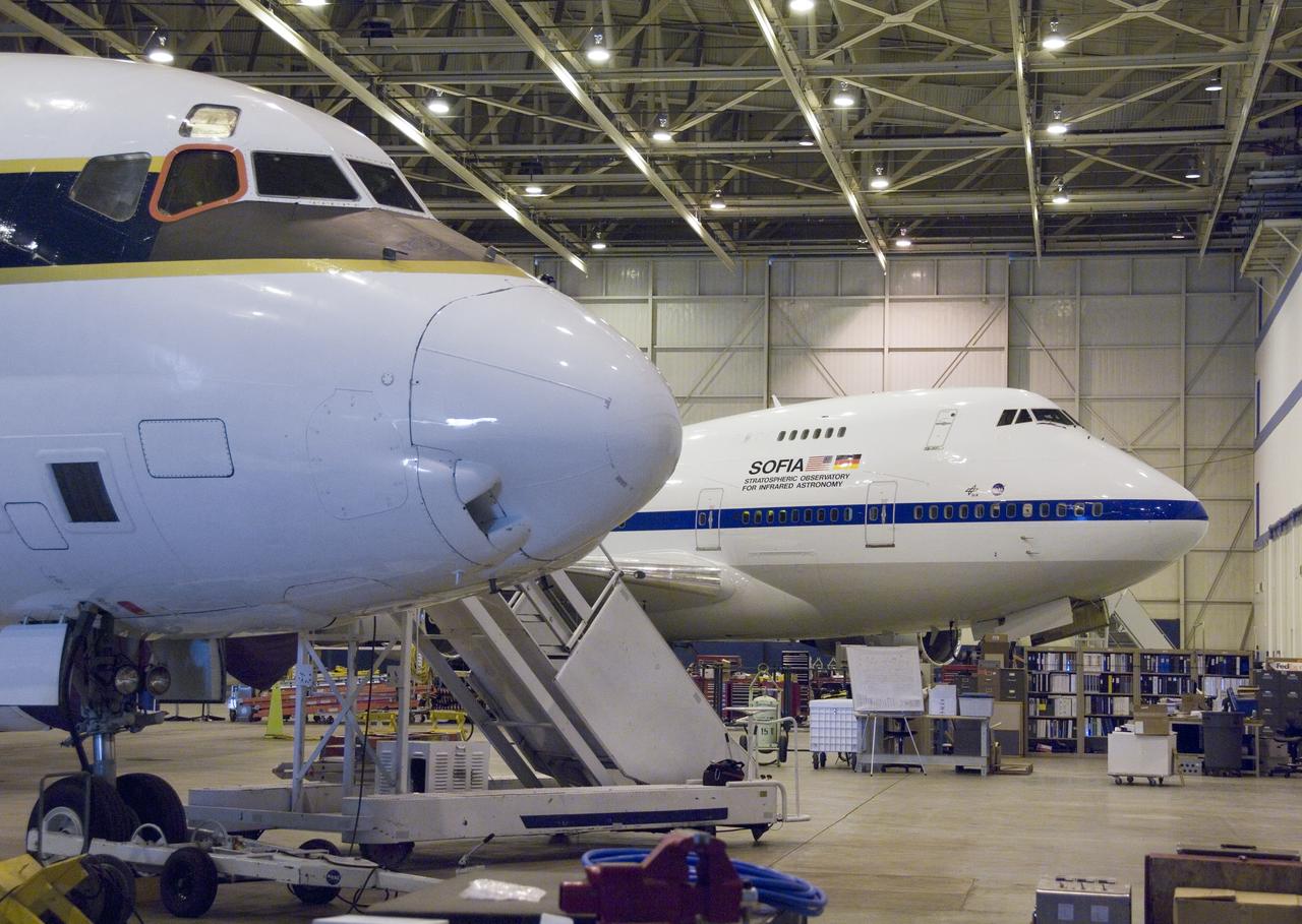 The cavernous expanse of the Dryden Aircraft Operations Facility in Palmdale, Calif., now houses NASA's DC-8 science laboratory and SOFIA infrared observatory.