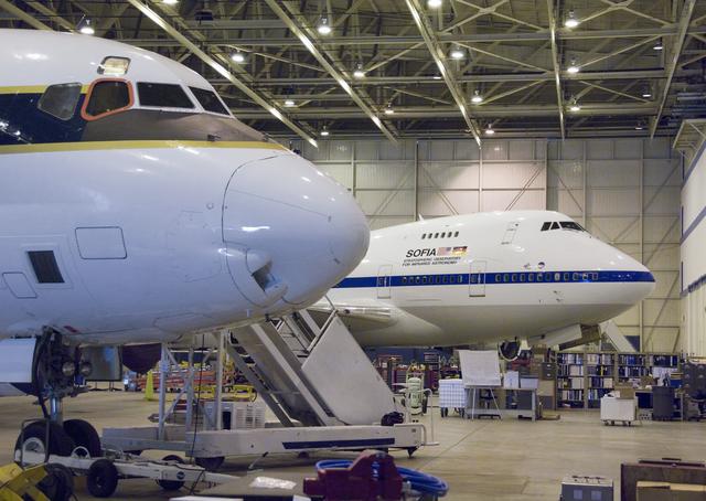 The cavernous expanse of the Dryden Aircraft Operations Facility in Palmdale, Calif., now houses NASA's DC-8 science laboratory and SOFIA infrared observatory