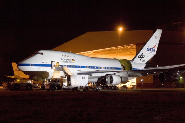 NASA image: NASA's SOFIA flying observatory was captured in striking relief during nighttime telescope characterization tests in Palmdale, Calif., in March 2008