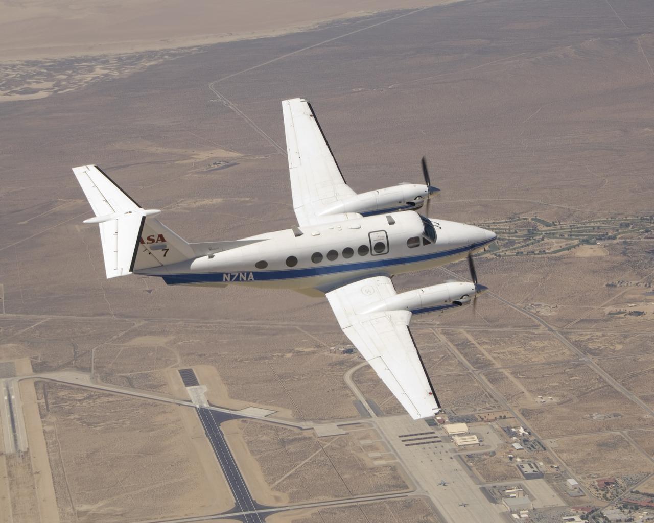 One of NASA Dryden Flight Research Center's two Beechcraft King Air mission support aircraft shows off its lines over Edwards Air Force Base, Calif.