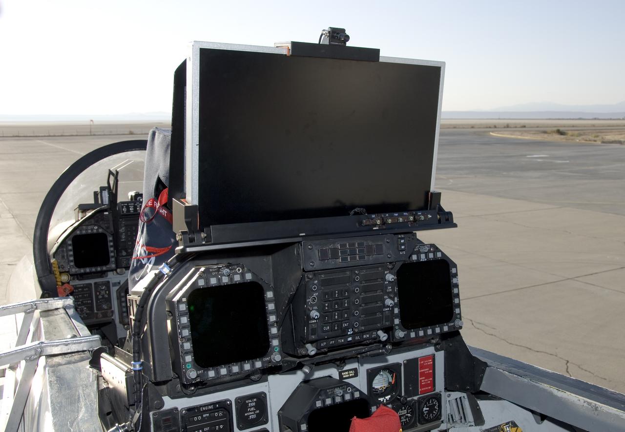 An HD display is mounted on top of the rear instrument panel in NASA's F-18 SRA aircraft, as NASA is partnering with Gulfstream on the External Vision System project.
