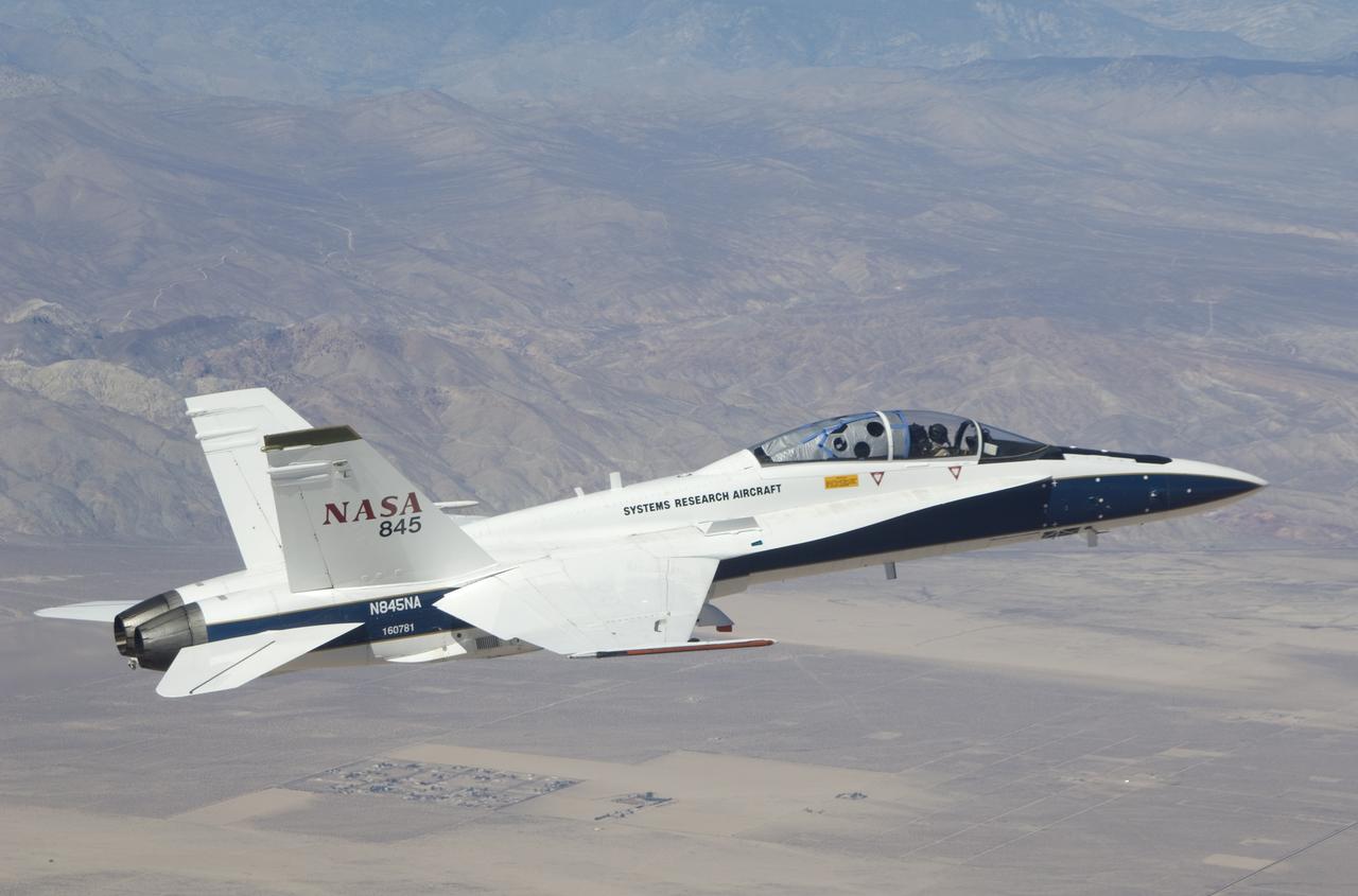 NASA Dryden Flight Research Center's F-18B Systems Research Aircraft on an External Vision System project flight.