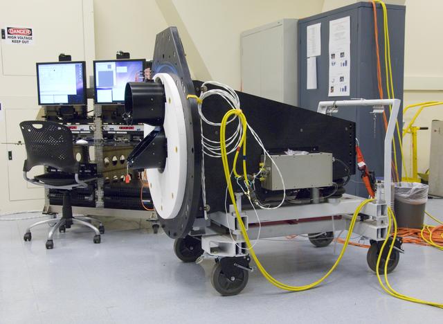 NASA image: The Lowell Observatory's High-speed Imaging Photometer for Occultation rests on its dolly in the lab prior to installation on the SOFIA airborne observatory