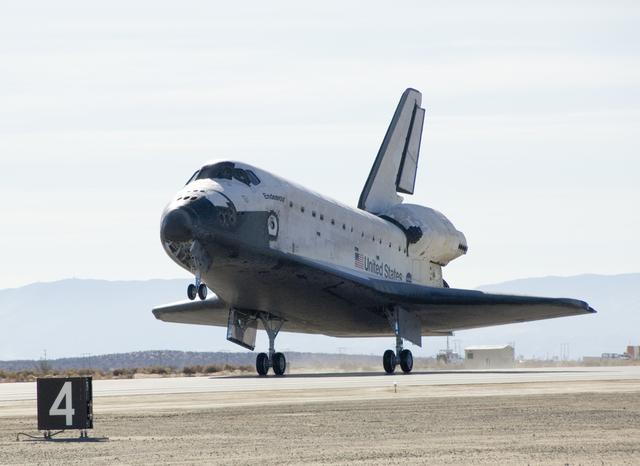 NASA image: Space Shuttle Endeavour rolls out on runway 04-L at Edwards Air Force Base moments after touchdown, ending mission STS-126 to the International Space Station