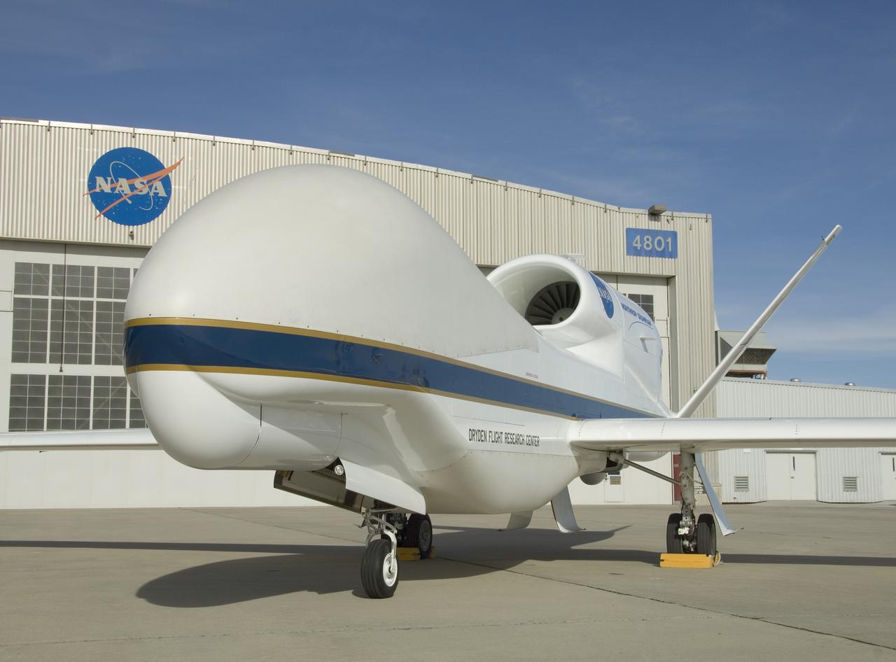The bulbous nose of one of NASA's two Global Hawk unmanned high-altitude aircraft houses communications and sensor payloads on Earth science missions.