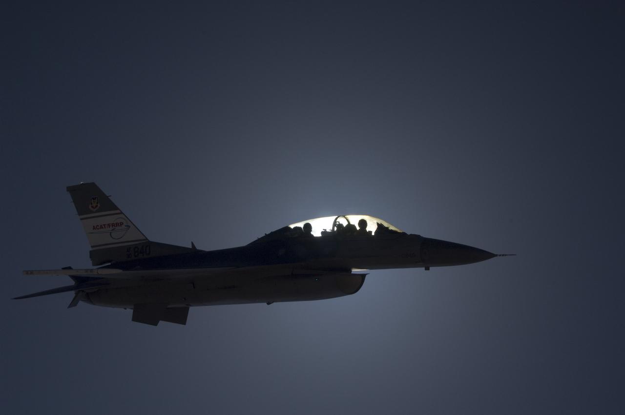 The U.S. Air Force's F-16D Automatic Collision Avoidance Technology (ACAT) aircraft eclipsed the sun during a flight in March 2009. NASA's Dryden Flight Research Center worked with the Air Force Research Laboratory in the ACAT Fighter Risk Reduction Project to develop collision avoidance technologies for fighter/attack aircraft that would reduce the risk of ground and mid-air collisions.