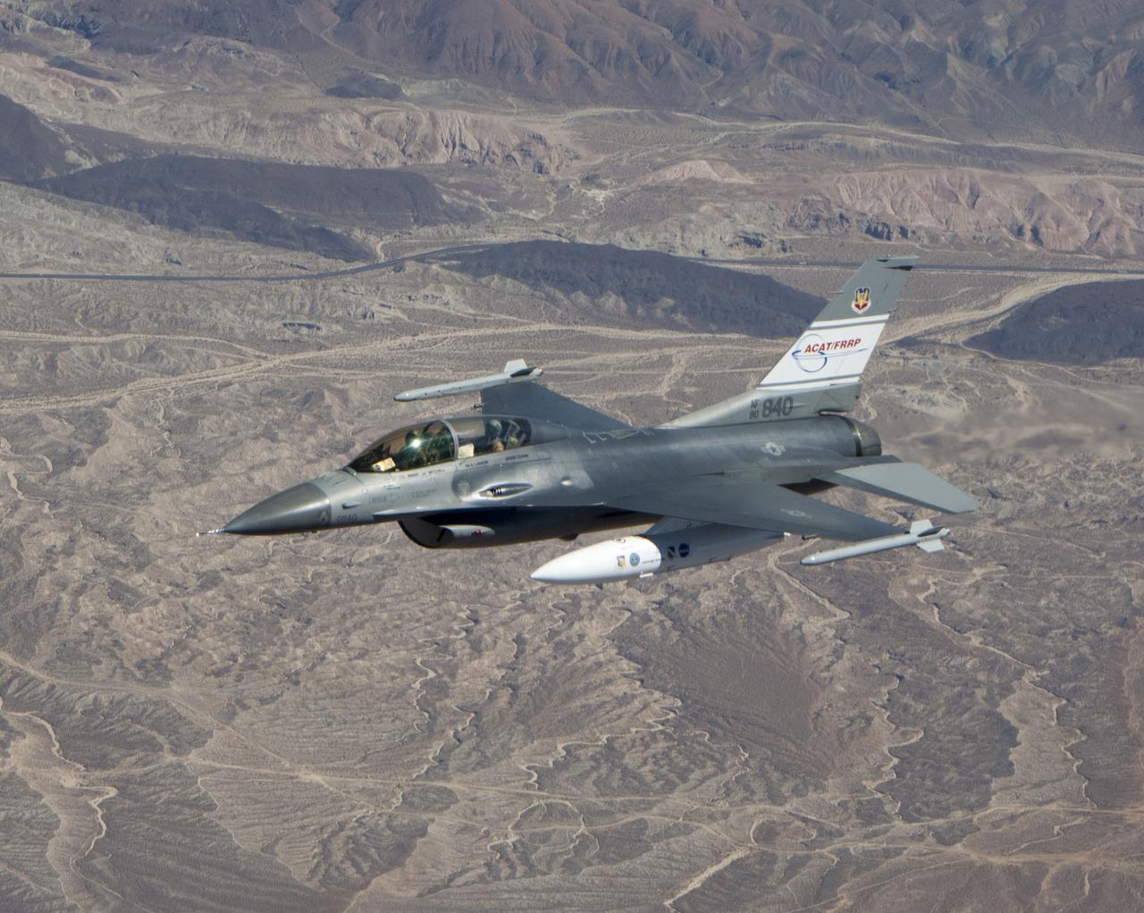 The U.S. Air Force's F-16D Automatic Collision Avoidance Technology, or ACAT, aircraft was used by NASA's Armstrong Flight Research Center and the Air Force Research Laboratory to develop and test collision avoidance technologies.