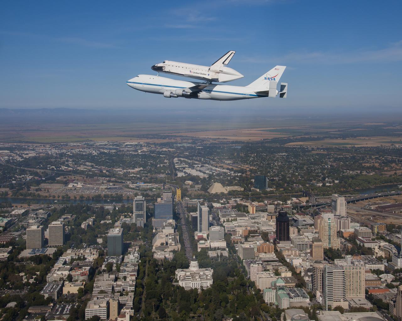 Shuttle Endeavour was ferried to Los Angeles, briefly flying over the California state capitol, Sacramento, then demated from its NASA 747 and trailered to the California Science Center.