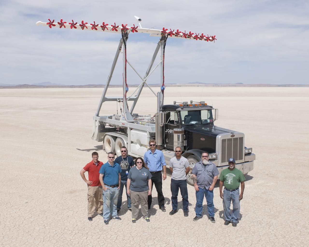 Team members of the Leading Edge Asynchronous Propeller Technology Ground Test team include from left Brian Soukup, Sean Clarke, Douglas Howe, Dena Gruca, Kurt Papathakis, Jason Denman, Vincent Bayne and Freddie Graham.