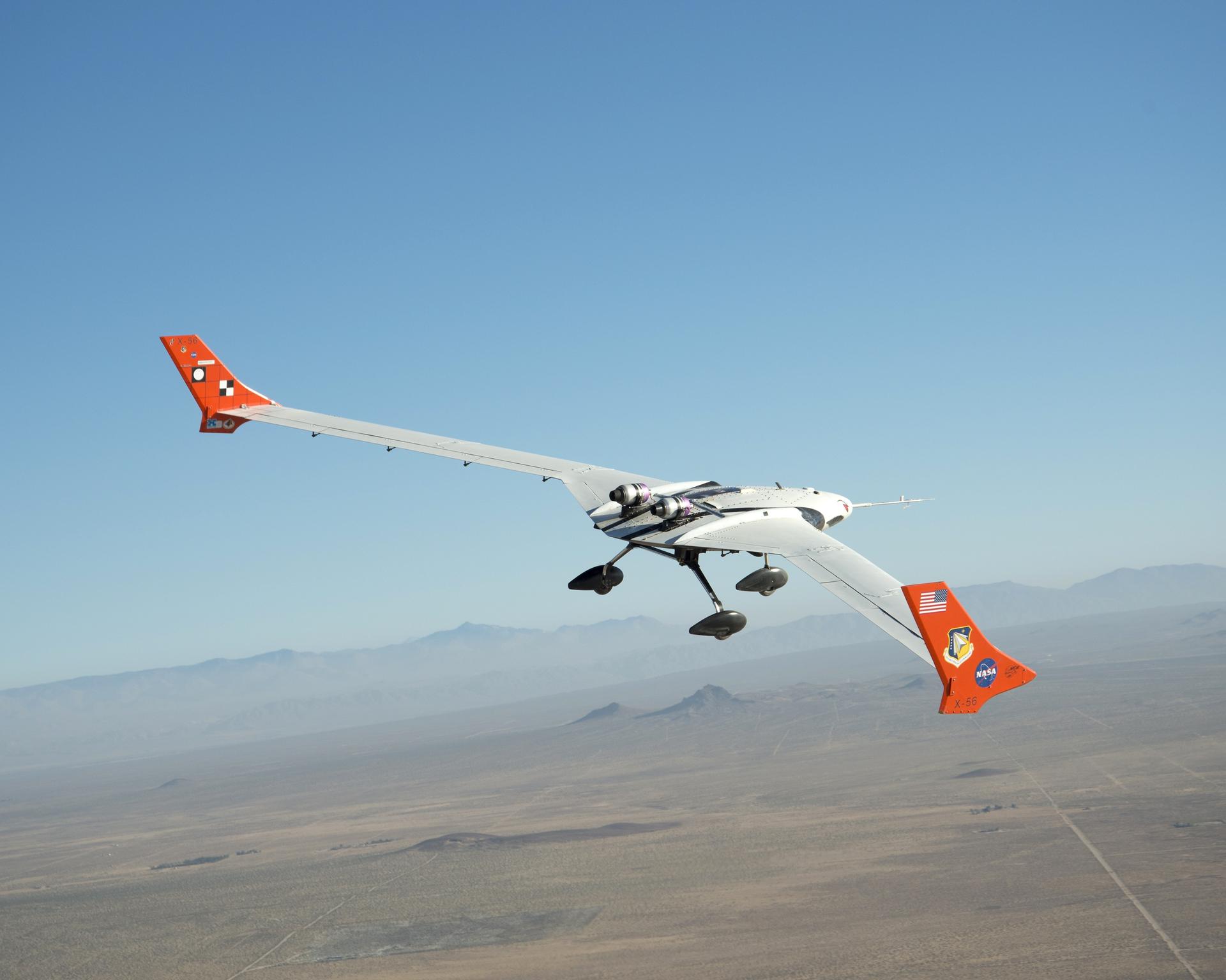 The X-56A flies over the desert near NASA Armstrong Flight Research Center, Edwards, California.