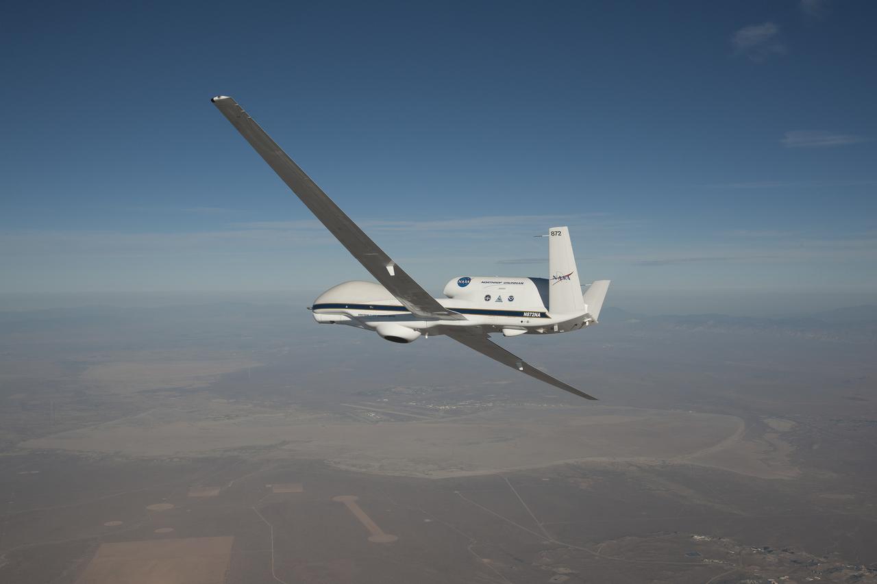 A NASA remotely piloted Global Hawk aircraft completes a flight in February 2015 to support the National Oceanic and Atmospheric Administration’s El Niño Rapid Response field campaign. The mission, called the Sensing Hazards Operational Unmanned Technology, gathered El Niño storm data over the Pacific Ocean. The flight originated from NASA’s Armstrong Flight Research Center in Edwards, California.