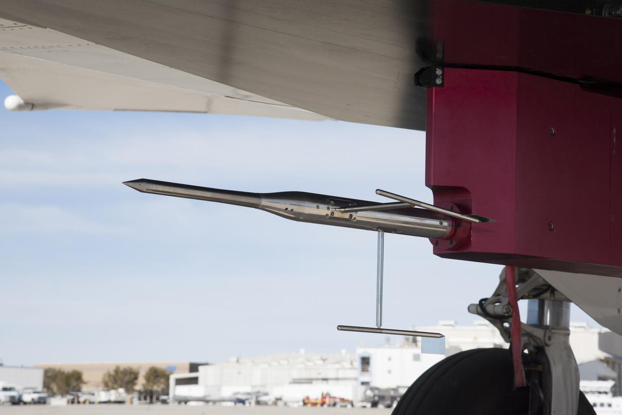 A new supersonic probe seen affixed to a F-15B flight test fixture might one day measure the sonic booms of a new generation of supersonic aircraft.