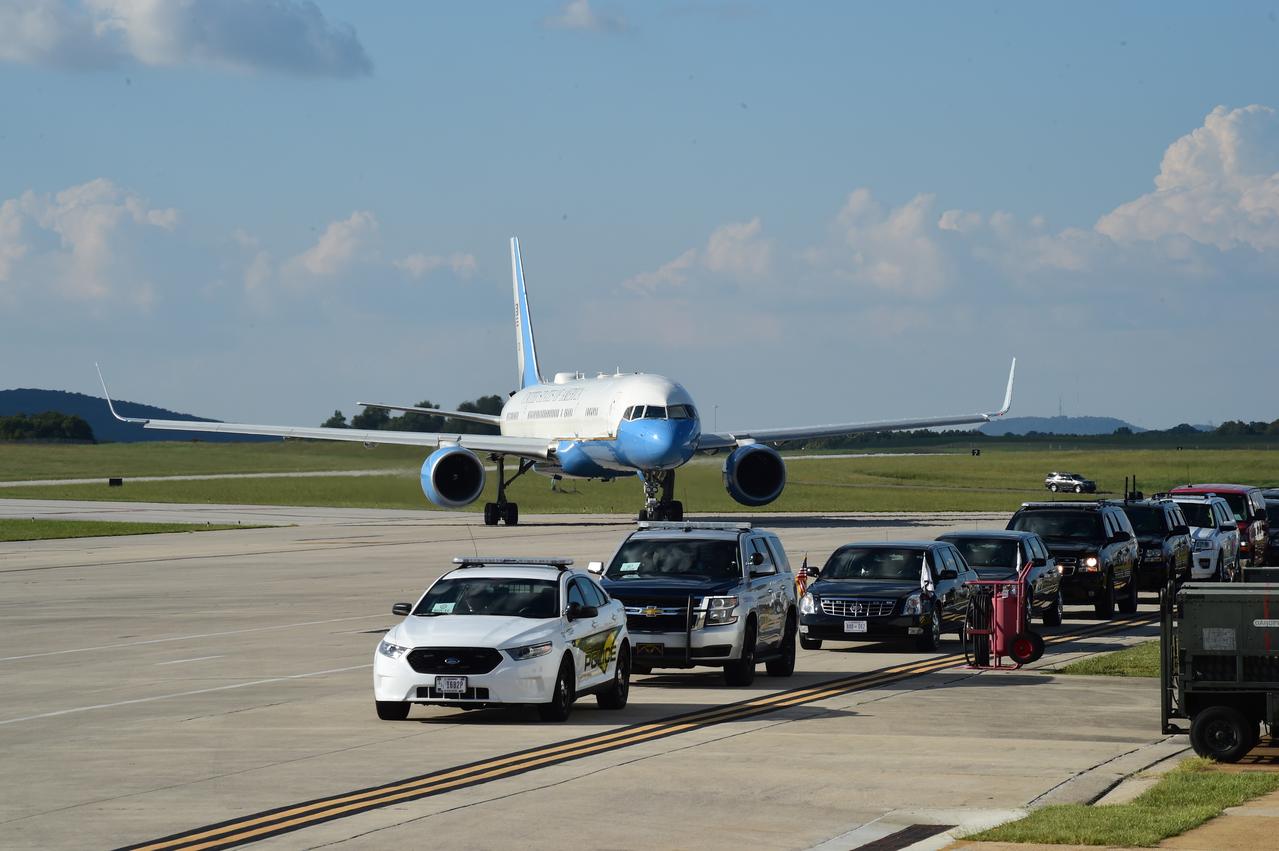 Air Force Two lands with Vice President Mike Pence along with Congressman Robert Aderholt at the Redstone Army Airfield in Huntsville, Alabama, on Monday, Sept. 25. The Vice President is visiting NASA’s Marshall Space Flight Center, located on Redstone Arsenal, to meet with employees, view test hardware for NASA’s Space Launch System — America’s new deep-space rocket, and tour the Payload Operations Integration Center, “science central” for the International Space Station. Photo Credit: (NASA/Emmett Given)