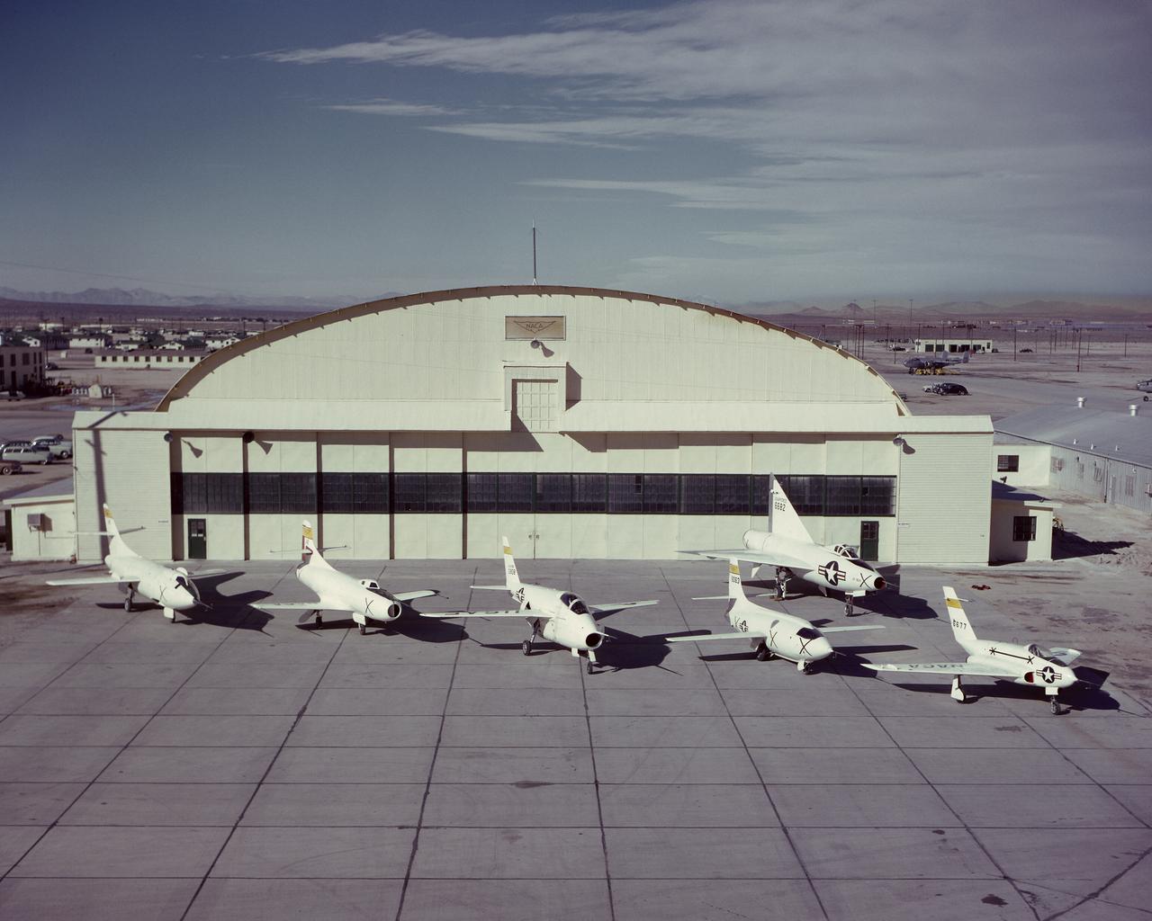 NACA X-Planes on South Base ramp. Northrop X-4, Bell X-1, Bell X-5, Douglas D-558-1, Douglas D-558-2. Back row Convair XF-92A. March 30, 1952