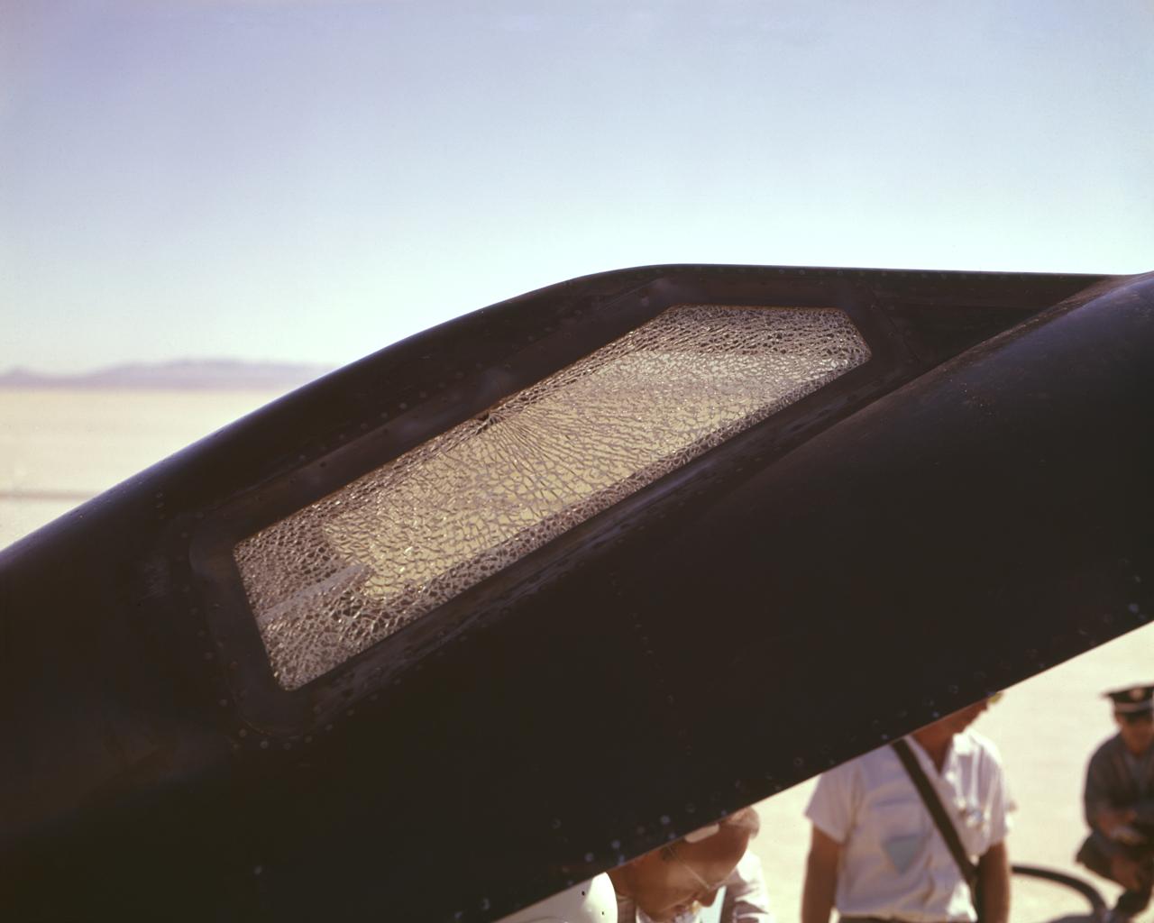 Cracked canopy glass on right side of X-15 #2 after flt. 2-21-37 on Nov. 9 1961. Robert White-pilot. First flight to mach 6.