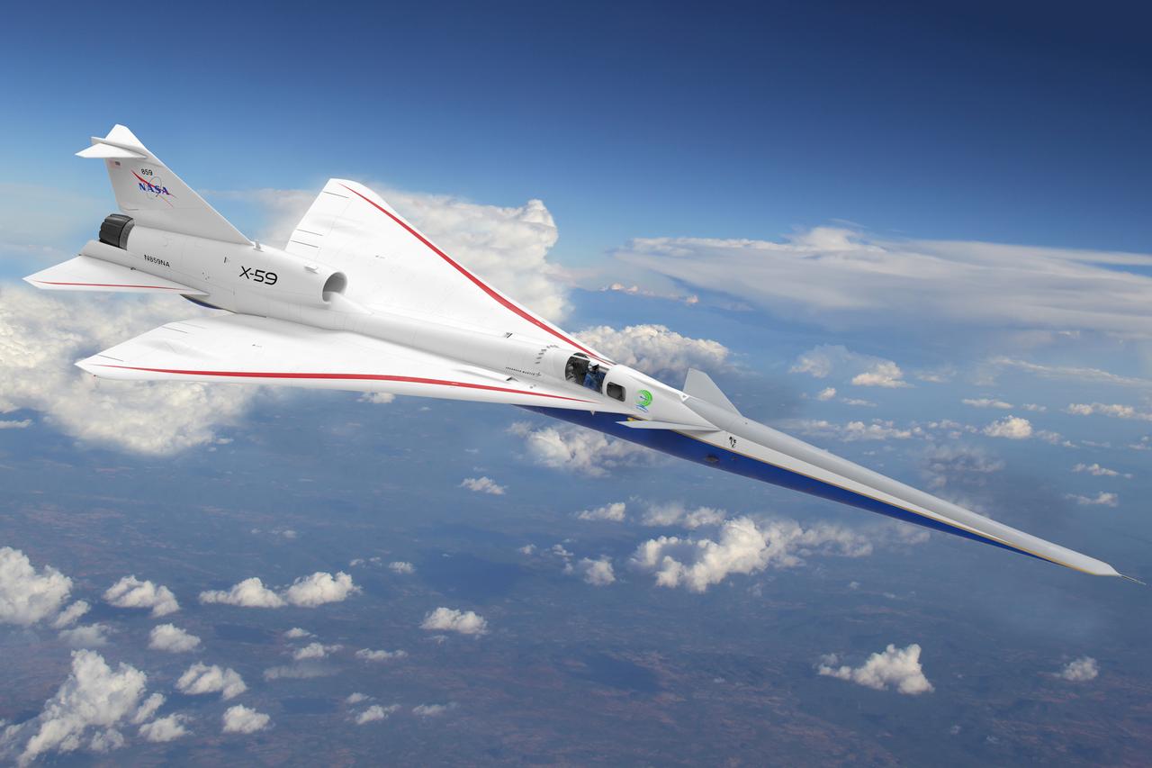 Artist illustration of the X-59 in flight above land and clouds.
