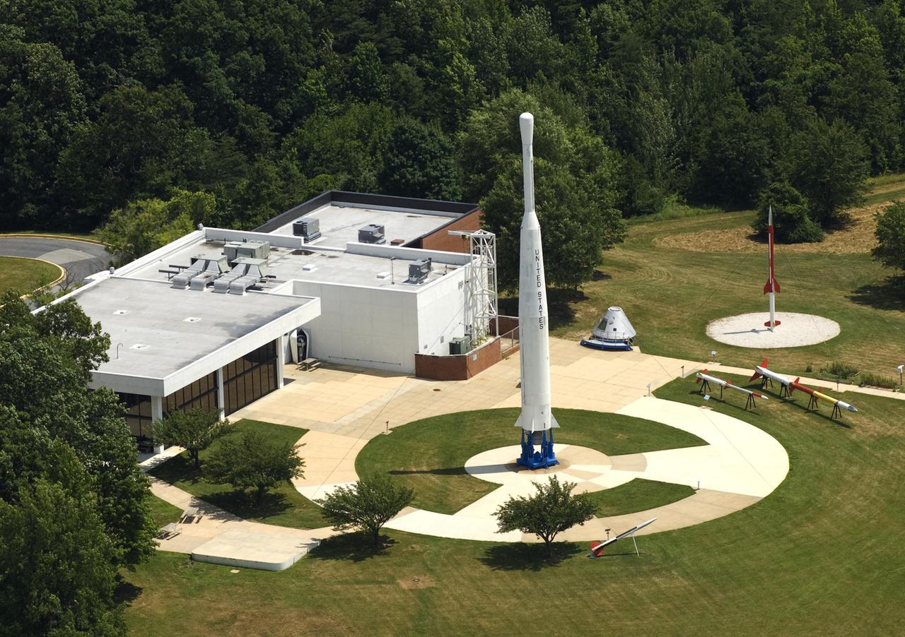 Aerial photograph showing the Visitor Center and grounds at NASA's Goddard Space Flight Center in Greenbelt, Md.