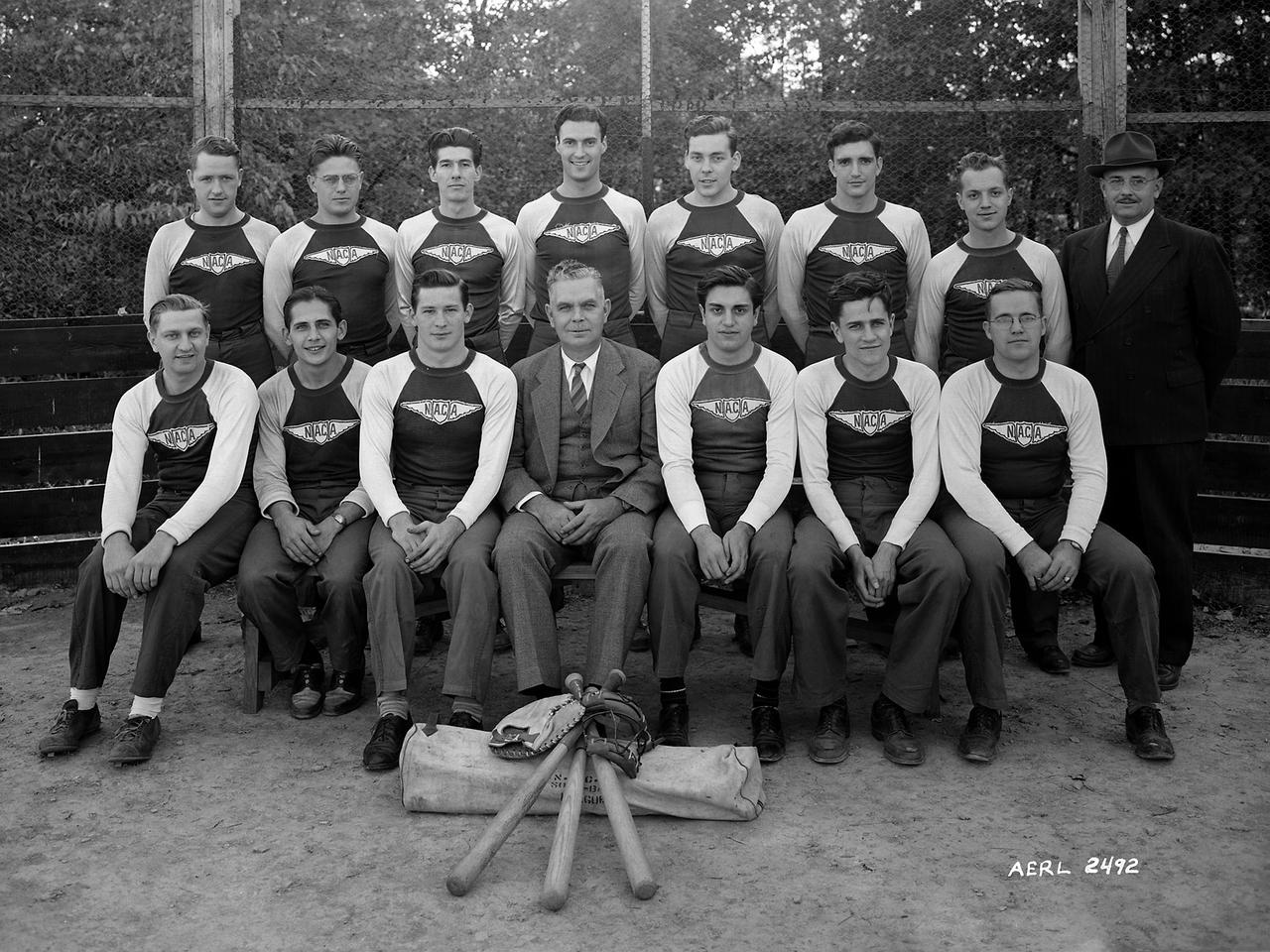 The NACA’s Aircraft Engine Research Laboratory’s baseball team photographed with director Raymond Sharp. The Exchange, which operated the non-profit cafeteria, sponsored several sports teams that participated in local leagues. The laboratory also had several intramural sports leagues. The baseball team, seen here in 1943, was suspended shortly thereafter as many of its members entered the military during World War II. The team was reconstituted after the war and became somewhat successful in the Class A Westlake League. After winning the championship in 1949 and 1950, the team was placed in the more advanced Middleberg League where they struggled.
