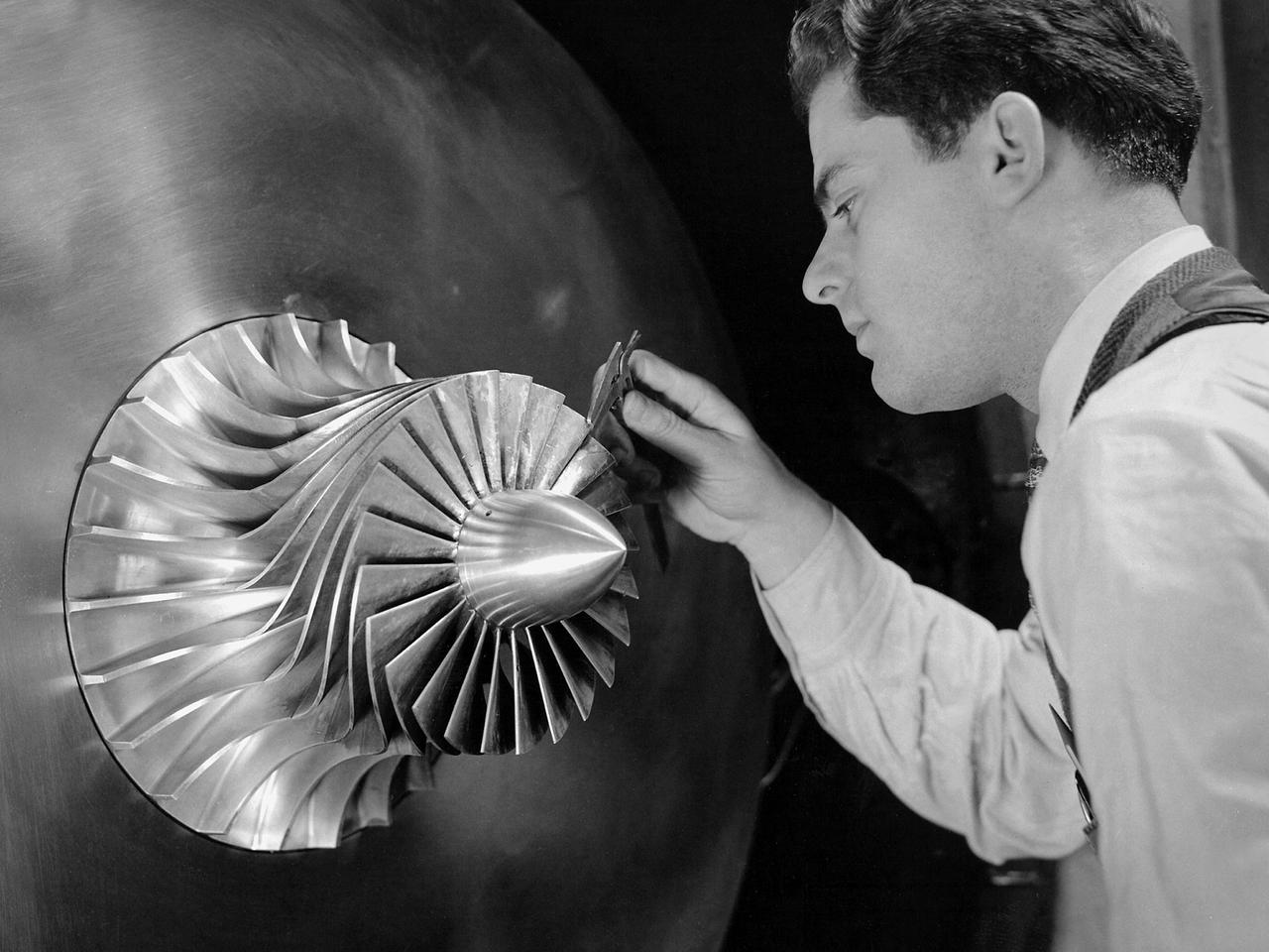 A researcher in the Supercharger Research Division at the National Advisory Committee for Aeronautics (NACA) Aircraft Engine Research Laboratory measures the blade thickness on a supercharger. Superchargers were developed at General Electric used to supply additional air to reciprocating engines. The extra air resulted in increased the engine’s performance, particularly at higher altitudes. The Aircraft Engine Research Laboratory had an entire division dedicated to superchargers during World War II.       General Electric developed the supercharger in response to a 1917 request from the NACA to develop a device to enhance high-altitude flying. The supercharger pushed larger volumes of air into the engine manifold. The extra oxygen allowed the engine to operate at its optimal sea-level rating even when at high altitudes. Thus, the aircraft could maintain its climb rate, maneuverability and speed as it rose higher into the sky.    NACA work on the supercharger ceased after World War II due to the arrival of the turbojet engine. The Supercharger Research Division was disbanded in October 1945 and reconstituted as the Compressor and Turbine Division.