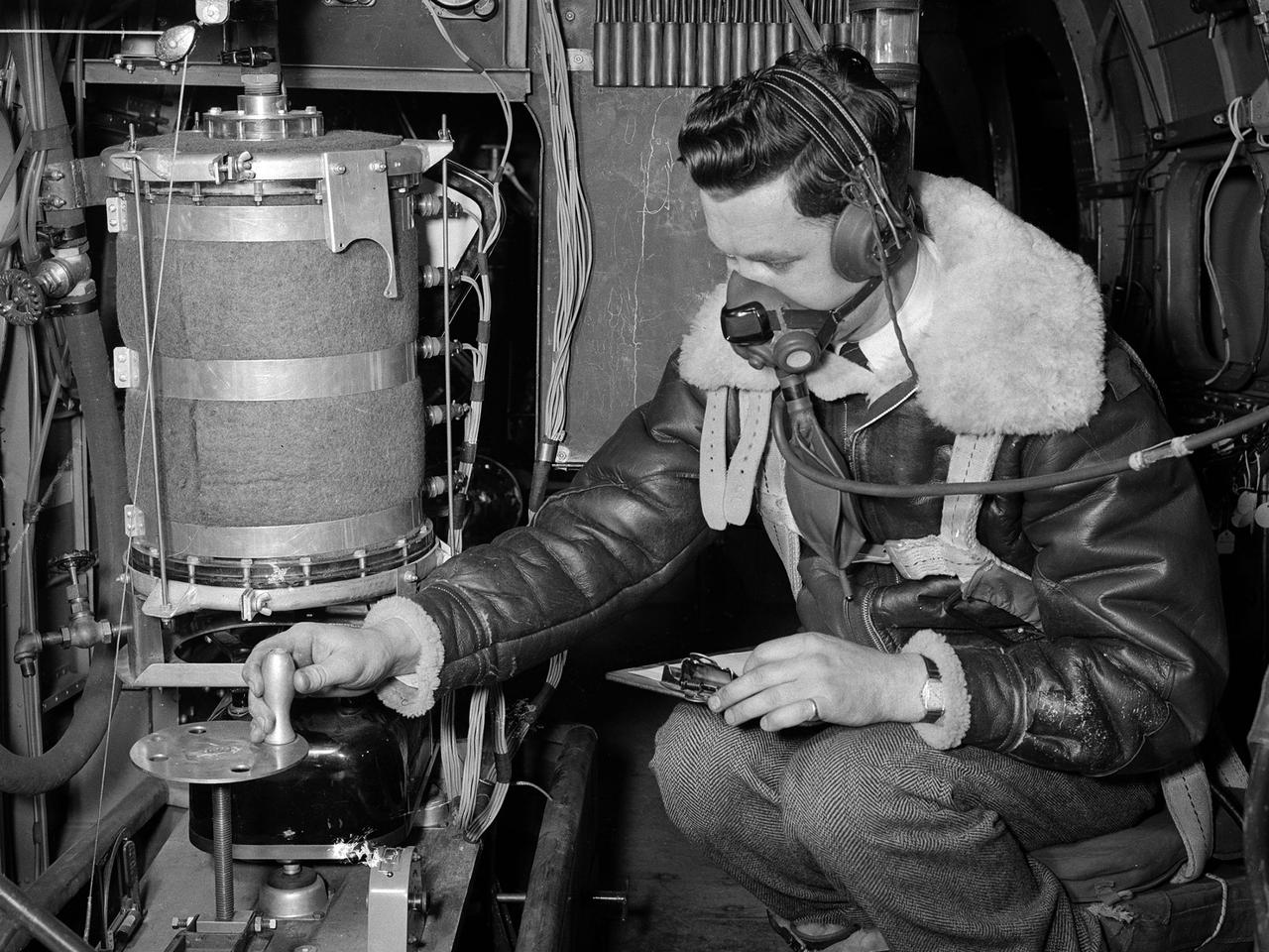A flight engineer at the National Advisory Committee for Aeronautics (NACA) Aircraft Engine Research Laboratory monitors test equipment in the rear of the Lockheed RA–29 Hudson. Lockheed manufactured several variations of the light bomber in the late 1930s. The Hudson was one of the few military aircraft models available in large quantities during the early years of World War II, and both the US and British air forces utilized it as a patrol aircraft. The RA–29s were soon superseded by newer aircraft, but continued to serve as crew trainers, light cargo carriers and staff transports.       The NACA flight engineers in the Planning and Analysis Section were responsible for working with researchers to install and monitor the experimental equipment on the NACA’s research aircraft. This process could require weeks or months. When larger aircraft, like the RA–29 Hudson, were utilized the flight engineers often participated in the flights.    The NACA acquired their RA–29 in November 1943, and used the aircraft for fuel blend studies and instrumentation development. The Hudson also frequently served as a transportation vehicle for the staff and visitors. The RA–29 was transferred from the NACA in July 1945.