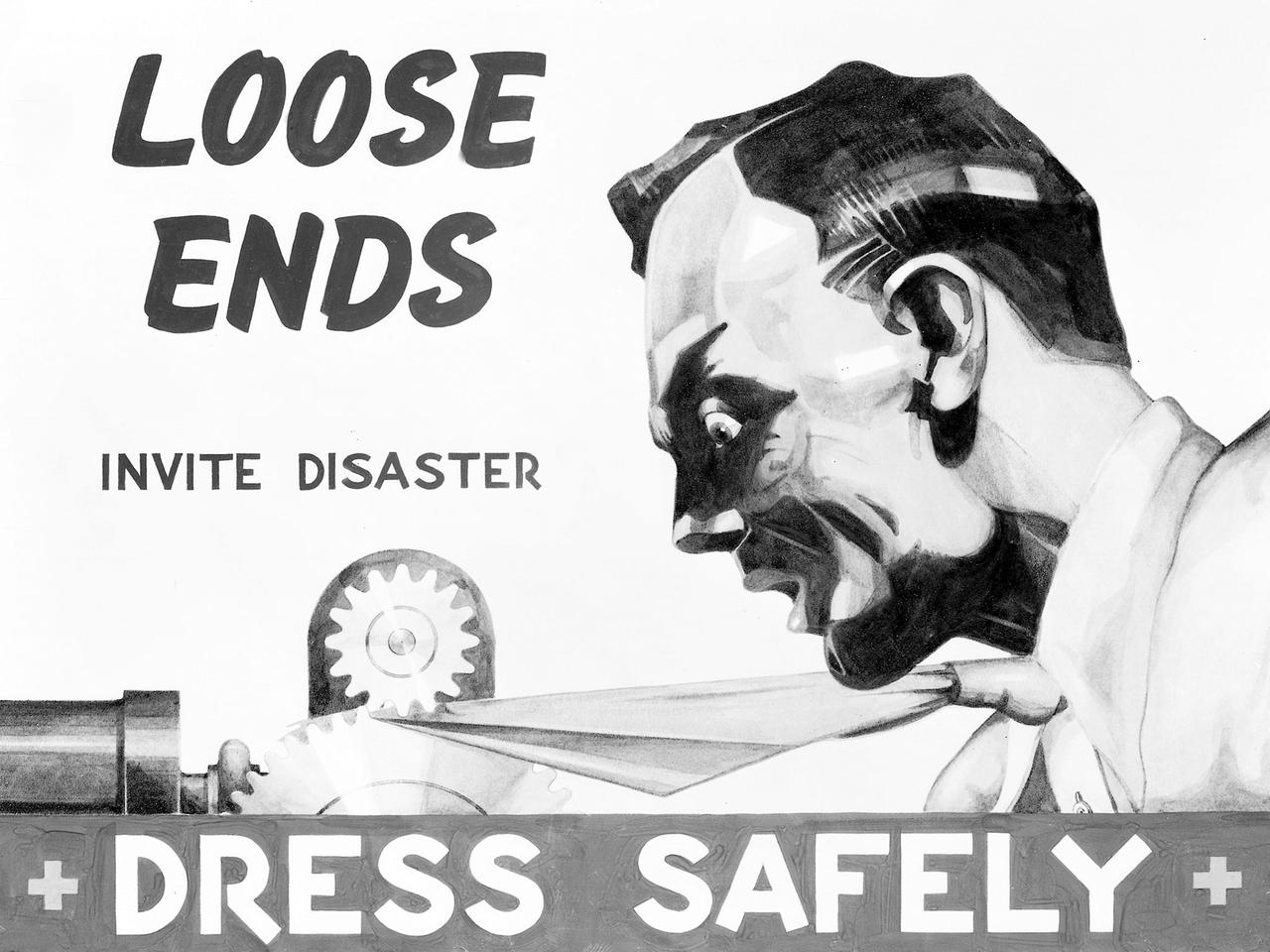 One of many safety posters produced by NACA artists during World War II. The Aircraft Engine Research Laboratory established a Safety Office in 1942 to coordinate and oversee safety-related activities. The lab struggled to maintain a full staff during the war when military research projects were at a peak. NACA management mandated six-day work weeks without overtime and the elimination of holidays. As such, workplace injuries were a serious threat to maintaining productivity needed to sustain the military’s aeronautics efforts.