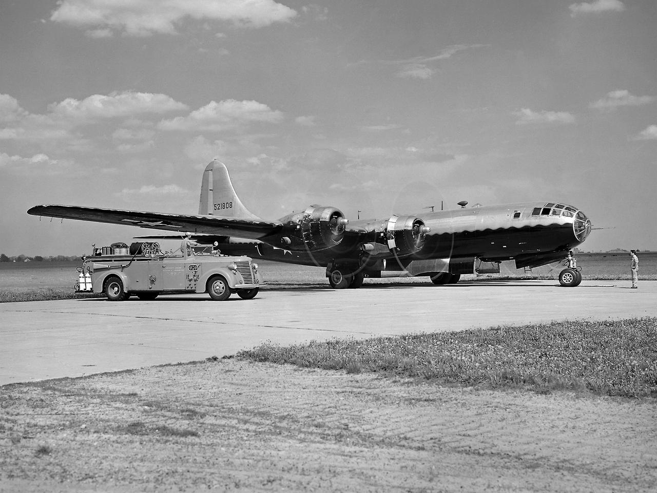 The NACA’s Lewis Flight Propulsion Laboratory used a Boeing B-29 Superfortress as a testbed for ramjet investigations in the late 1940s. NACA Lewis conducted a wide variety of studies on ramjets to determine basic operational data necessary to design missiles. This information included the relationship between combustion chamber and inlet pressure and temperature, velocity of the fuel-air ratio to the ignition characteristics, and combustion efficiency. Although wind tunnel and test stand studies were important first steps in determining these factors, actual flight tests were required.    Lewis engineers modified the B-29 so that the ramjet could be stored in the bomb bay. Once the aircraft reached the desired altitude and speed the ramjet was suspended 52 inches below the bomb bay. The ramjet’s angle-of-attack could be independently adjusted, and a periscope permitted a view of the test article from inside the aircraft. Measurements were taken in free-stream conditions between 5,000 and 30,000 feet.   The test flights, which began in April 1947, were flown at speeds up to Mach 0.51 and altitudes of 5,000 to 30,000 feet. The researchers first determined that 14,000 feet was the maximum altitude at which the engine could be ignited by spark. Flares were used to start the engine at altitudes up to 30,000 feet. Overall the ramjet operated well at all speeds and altitudes. Significant changes in fuel flow were successful at lower altitudes, but produced combustion blowout above 20,000 feet.