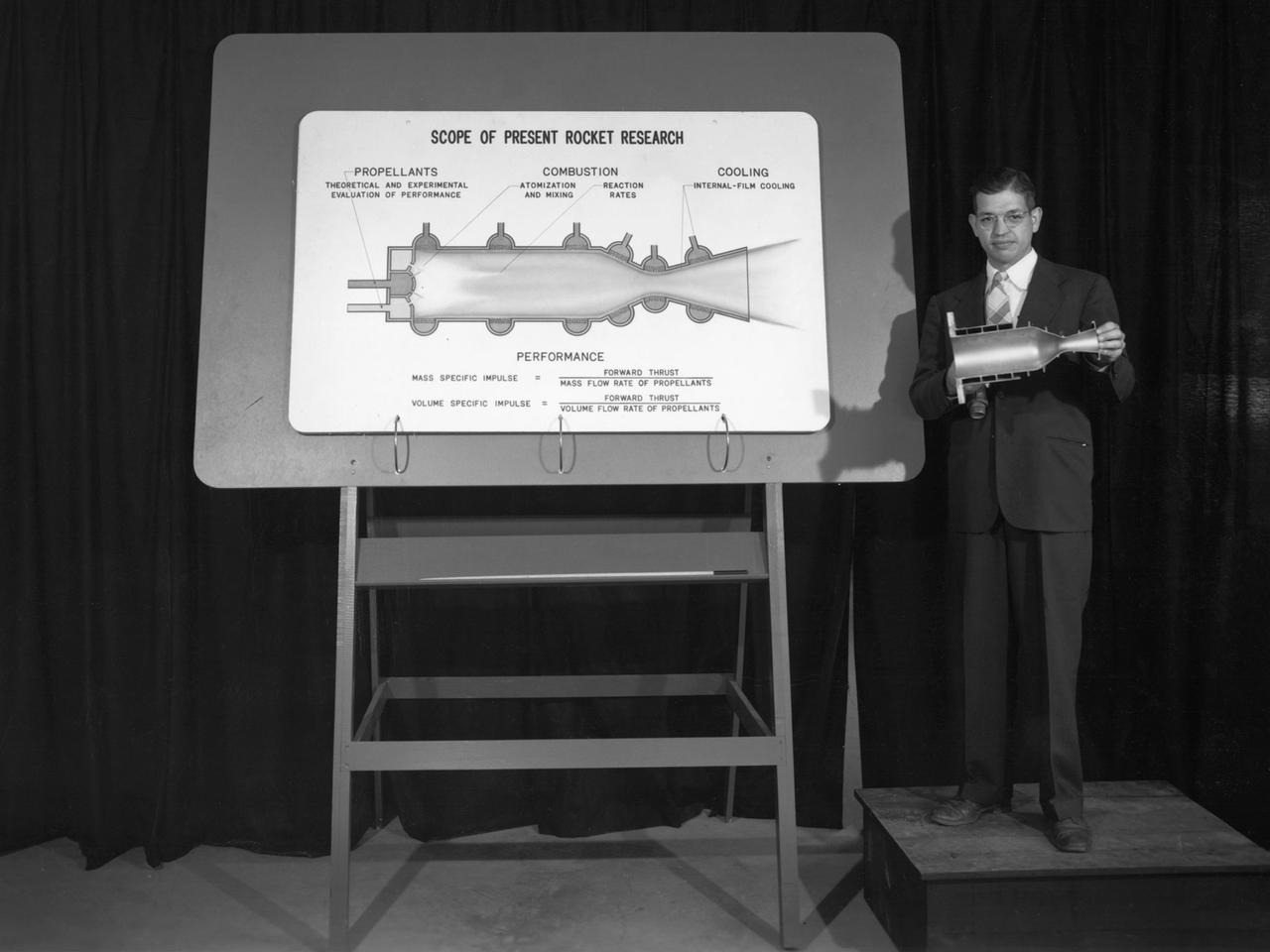 Researcher John Sloop briefs visitors on his latest rocket engine research during the 1947 Inspection at the National Advisory Committee for Aeronautics (NACA) Lewis Flight Propulsion Laboratory. The NACA had been hosting annual Aircraft Engineering Conferences, better known as Inspections, since 1926. Individuals from the manufacturing industry, military, and university settings were invited to tour the NACA laboratories. There were a series of stops on the tour, mostly at test facilities, where researchers would brief the group on the latest efforts in their particular field. The Inspections grew in size and scope over the years and by the mid-1940s required multiple days.    The three-day 1947 Inspection was the first time the event was held at NACA Lewis. Over 800 scientists, industrialists, and military leaders attended the three-day event. Talks were given at the Altitude Wind Tunnel, Four Burner Area, Engine Research Building, and other facilities. An array of topics were discussed, including full-scale engine testing, ramjets, axial-flow compressors, turbojets, fuels, icing, and materials. The NACA Lewis staff and their families were able to view the same presentations after the Inspection was over.   Sloop, a researcher in the Fuels and Thermodynamics Division, briefed visitors on NACA Lewis’ early research in rocket engine propellants, combustion, and cooling. This early NACA Lewis work led to the development of liquid hydrogen as a viable propellant in the late 1950s.