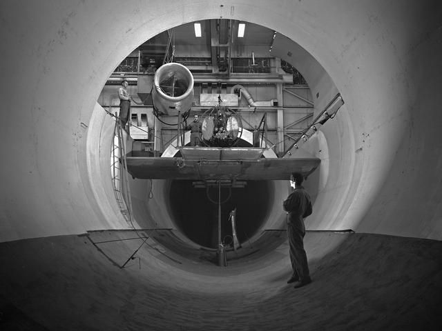 NASA image: Inlet Duct being lowered into the Altitude Wind Tunnel Test Section