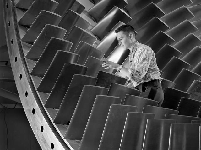 NASA image: NACA Engineer Examines Wind Tunnel Compressor Blades