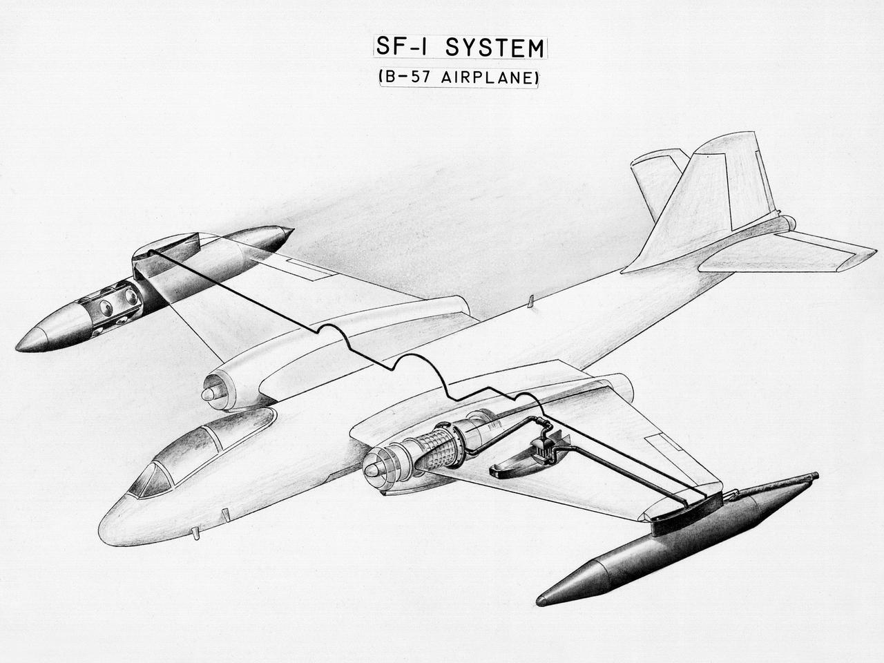 This diagram shows a hydrogen fuel system designed by researchers at the National Advisory Committee for Aeronautics (NACA) Lewis Flight Propulsion Laboratory and installed on a Martin B-57B Canberra aircraft. Lewis researchers accelerated their studies of high energy propellants in the early 1950s. In late 1954, Lewis researchers studied the combustion characteristics of gaseous hydrogen in a turbojet combustor. It was found that the hydrogen provided a very high efficiency. Almost immediately thereafter, Associate Director Abe Silverstein became focused on the possibilities of hydrogen for aircraft propulsion. That fall, Silverstein secured a contract to work with the air force to examine the practicality of liquid hydrogen aircraft. A B-57B Canberra was obtained by the air force especially for this project, referred to as Project Bee. The aircraft was powered by two Wright J65 engines, one of which was modified so that it could be operated using either traditional or liquid hydrogen propellants. The engine and its liquid hydrogen fuel system were tested extensively in the Altitude Wind Tunnel and the Four Burner Area test cells in 1955 and 1956. A B-57B flight program was planned to test the system on an actual aircraft. The aircraft would take off using jet fuel, switch to liquid hydrogen while over Lake Erie, then after burning the hydrogen supply switch back to jet fuel for the landing. The third test flight, in February 1957, was a success, and the ensuing B-57B flights remain the only demonstration of hydrogen-powered aircraft.