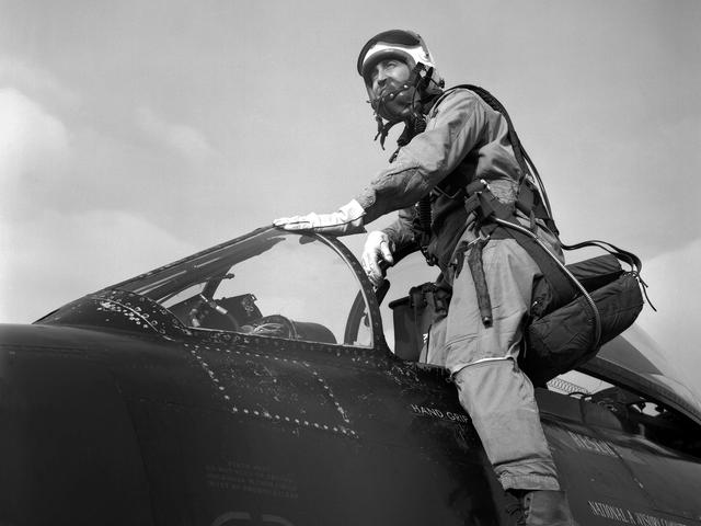 NASA image: Pilot Joseph Algranti entering a McDonnell F2H-2B Banshee