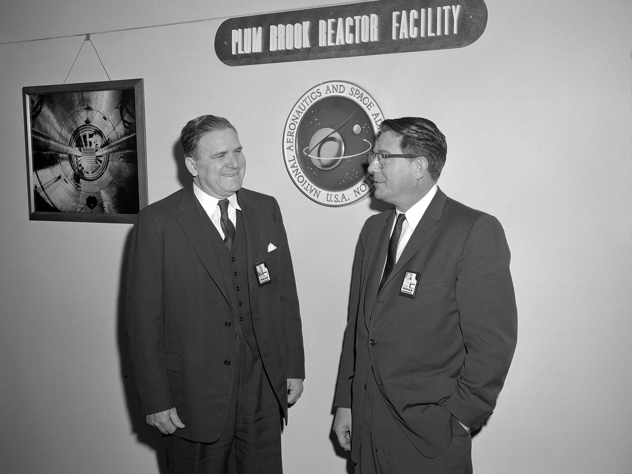 National Aeronautics and Space Administration (NASA) Administrator James Webb toured the new Plum Brook Reactor Facility in December 1961 with Abe Silverstein, the newly appointed Director of the Lewis Research Center. The 60-megawatt test reactor was built on 500 acres of the former Plum Brook Ordnance Works in Sandusky, Ohio. After nearly five years of construction, the facility went critical for the first time in June 1961.     In late 1957 Hugh Dryden requested Silverstein’s assistance in creating the new space agency. After several months of commuting, Silverstein transferred to Headquarters in May 1958. Silverstein was a critical member of a team that devised a fiscal year 1960 budget and began planning missions. When NASA officially began operation on October 1, 1958, Silverstein was third in command. He directed mission planning, spacecraft design, launch operations, manned space missions, and unmanned probes.   James Webb, named NASA administrator on January 7, 1961, sought to have those working on Apollo at the NASA centers report to a new Headquarters program office, not to the head of the Apollo Program. Silverstein requested to be appointed to the vacant center director position in Cleveland. He officially returned as director of the Lewis Research Center on November 1, 1961.