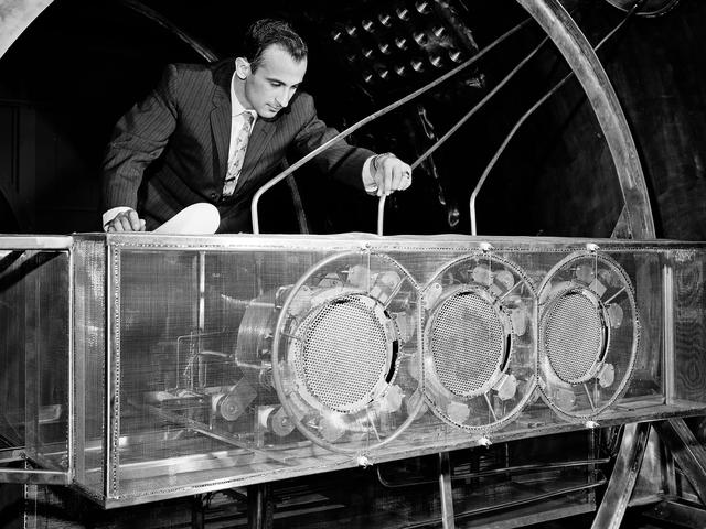 NASA image: Engineer Examines Cluster of Ion Engines in the Electric Propulsion Laboratory
